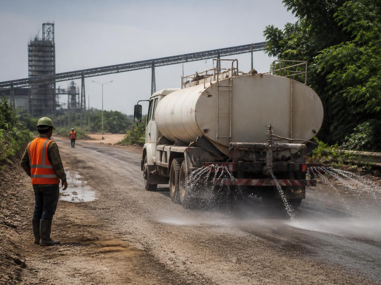Caminhão-pipa realizando umectação de via em área industrial, com colaborador utilizando EPIs